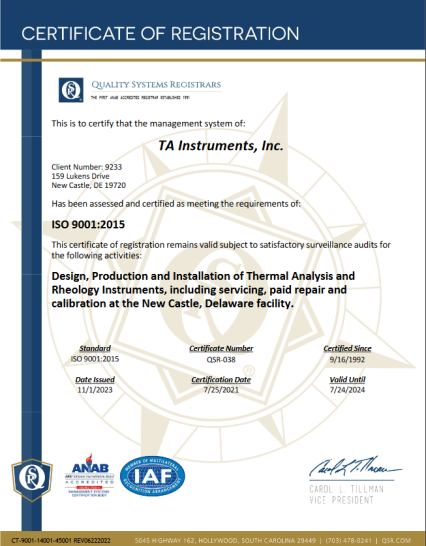 ISO Certifications - TA Instruments